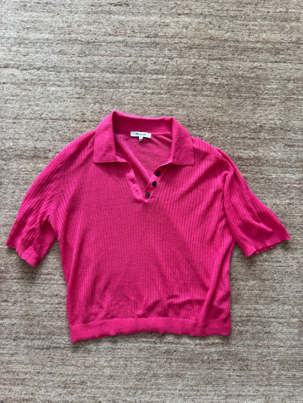 Madewell Hot Pink Ribbed V-Neck Polo Sweater